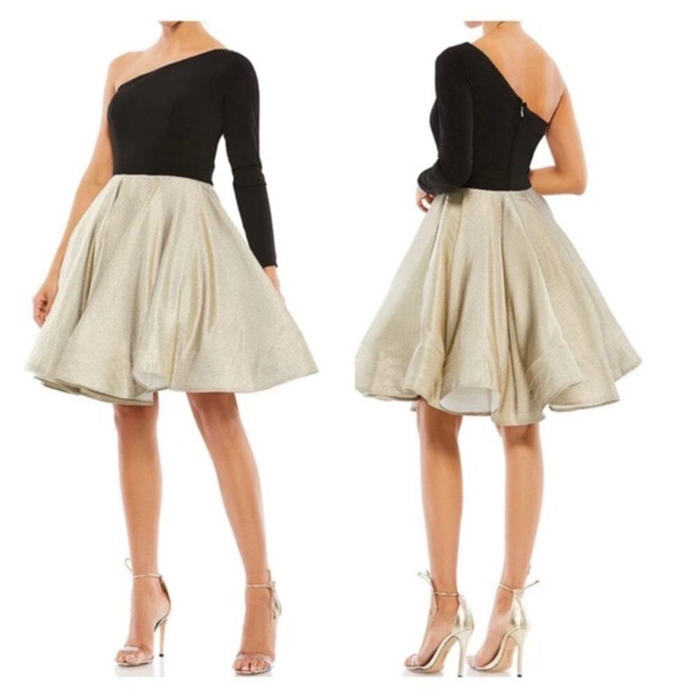 Mac Duggal Black Gold One Shoulder Flared A-Line Short Cocktail Dress 8